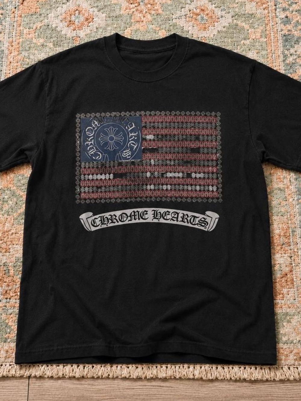 Gildan Black Short-Sleeve Tee with Red and Blue Flag Graphic